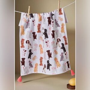 DISCONTINUED Anthropologie “Puppy Love” Dog Print Dish Towel with Pink Tassels